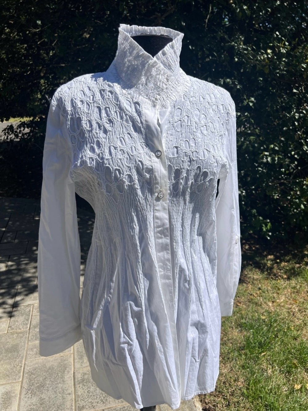 White Textured Victorian Style Button-Up Tunic Shirt
